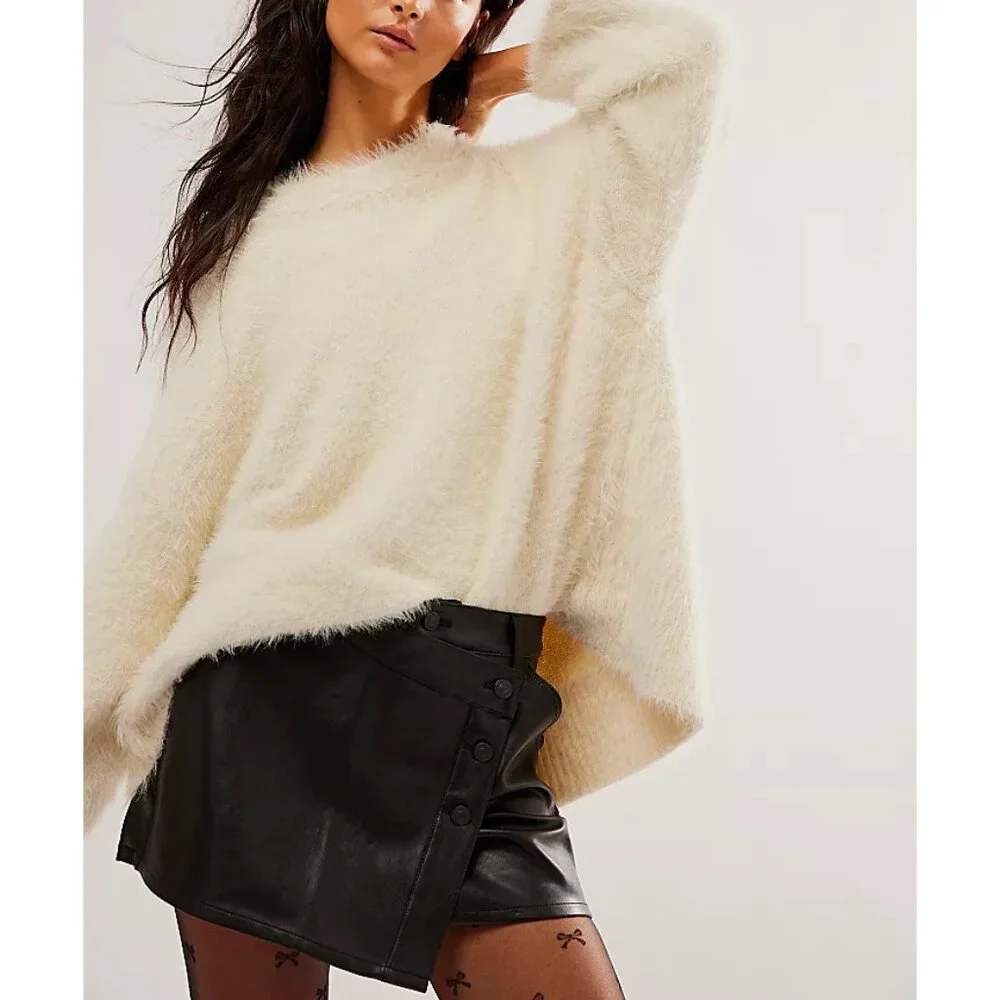 Free People Black Faux Leather Button Mini Skirt